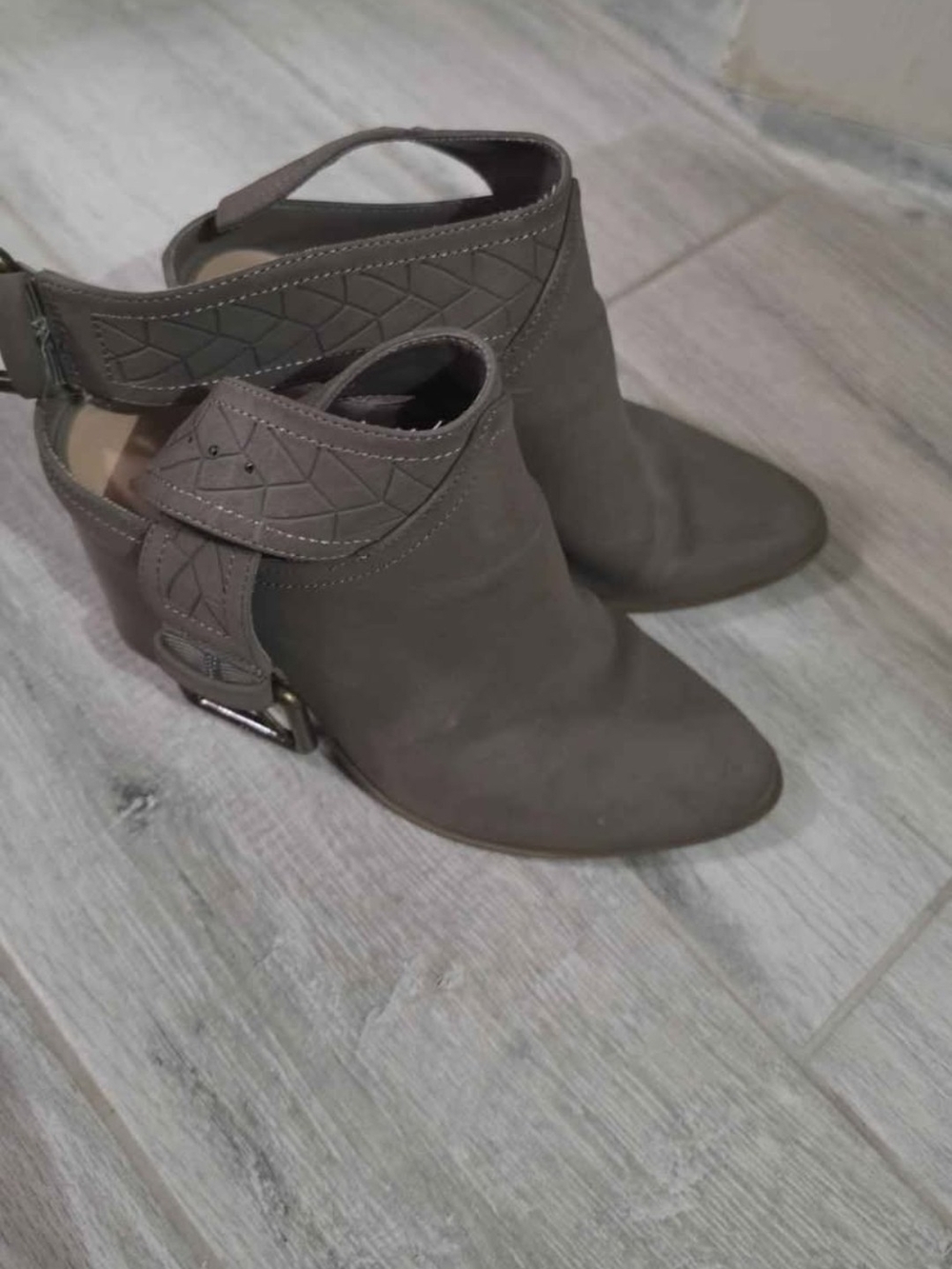 Women's Gray Suede Ankle Booties with Strap Detail